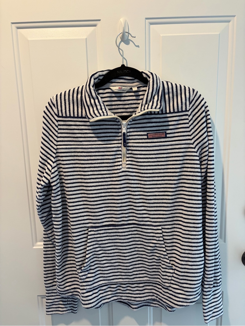 Vineyard Vines Terrycloth Nautical Navy & White Striped Quarter‑Zip Sweater